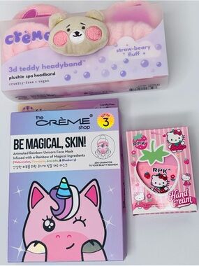The crème shop plushie spa headband and face mask bundle